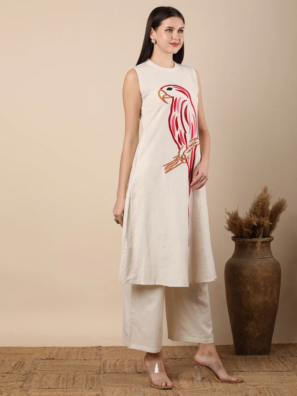 Khadi Silk Ensemble with Peacock Motif Embroidery – Top & Matching Pant