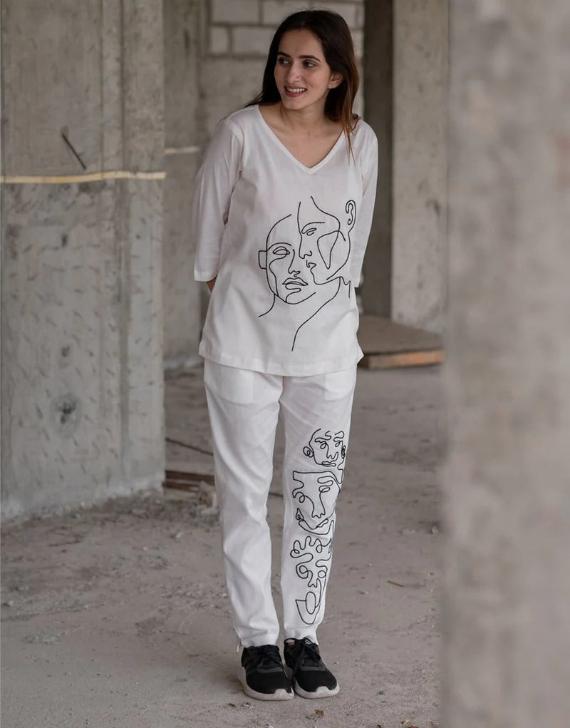 Latest Pure Khadi Cord Set with Artistic Face Embroidery & Full Sleeve Detailing