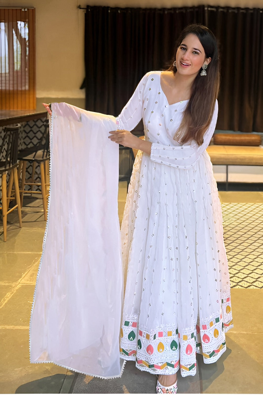 Regal Charm: Embroidered Georgette Anarkali Gown with Dupatta
