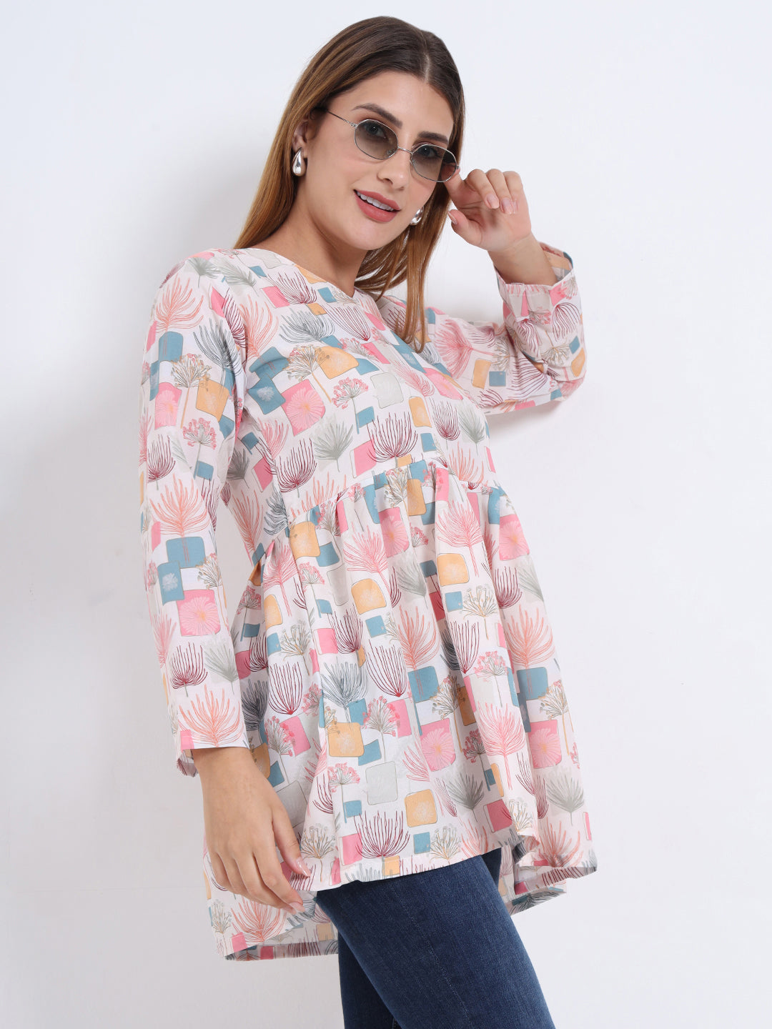 Stylish V-Neck Rayon Top with Multi-Color Digital Print and 3/4 Sleeves