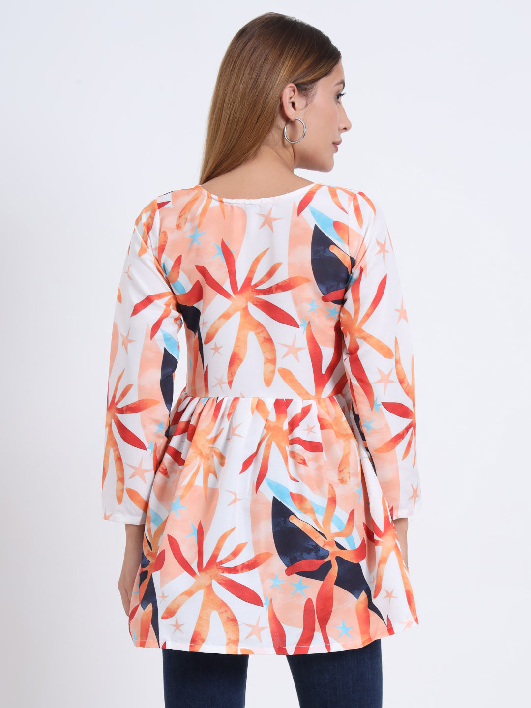 Trendy Rayon V-Neck Top – Multi-Colour Digital Print, 3/4 Sleeve