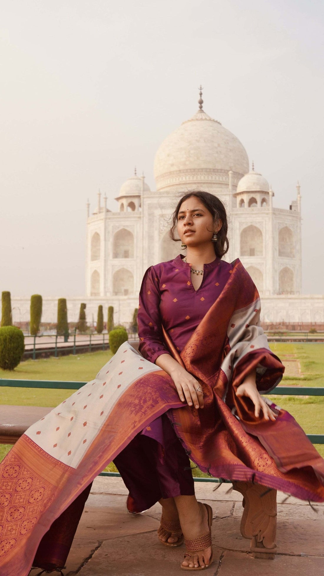 Ornet Jacquard Silk Kurta Pant Dupatta Set | Purple Woven Design