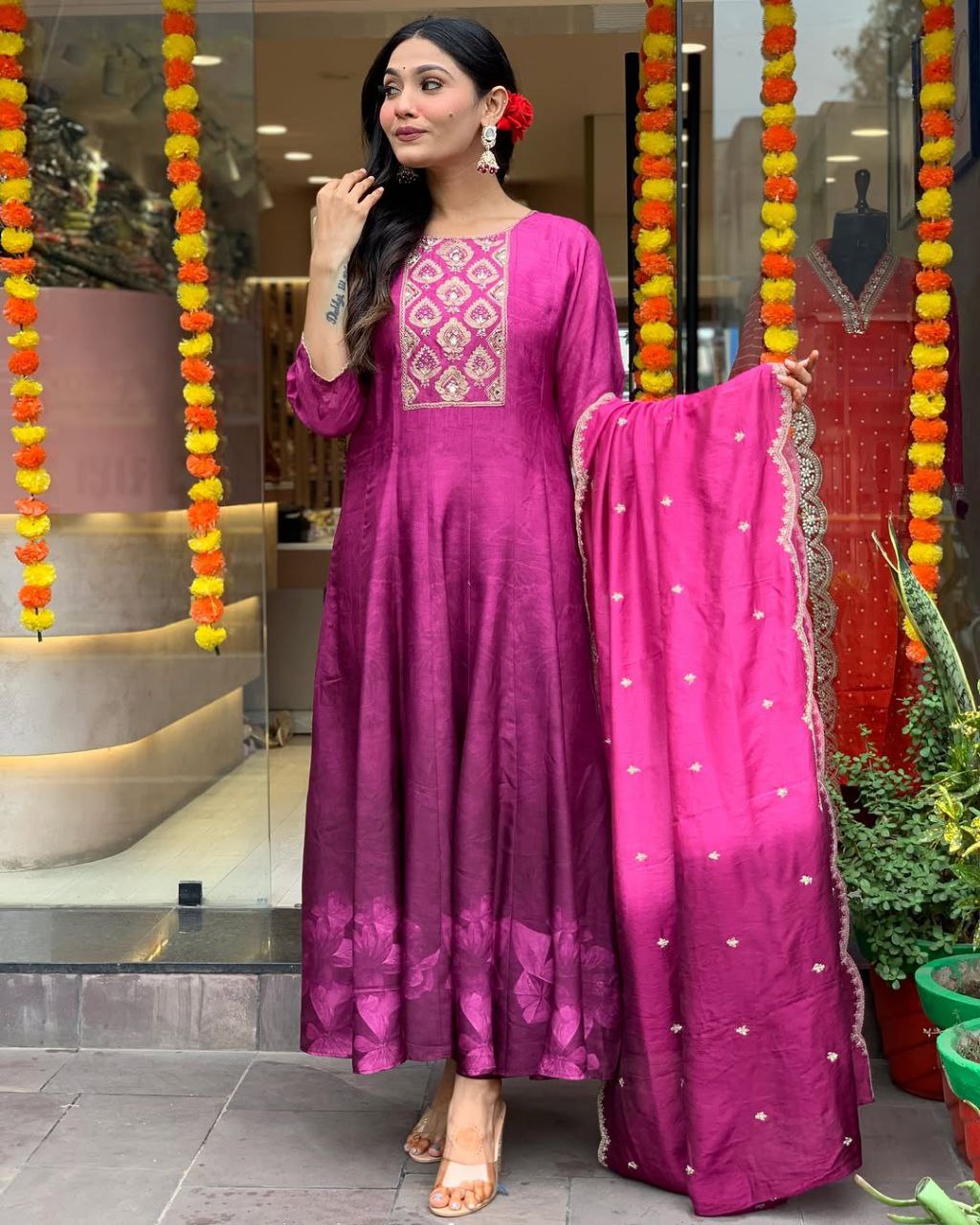 Regal Grace: Anarkali Flared Silk Kurta Pant Dupatta Set