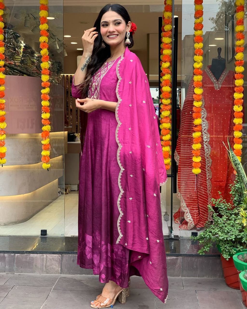Regal Grace: Anarkali Flared Silk Kurta Pant Dupatta Set