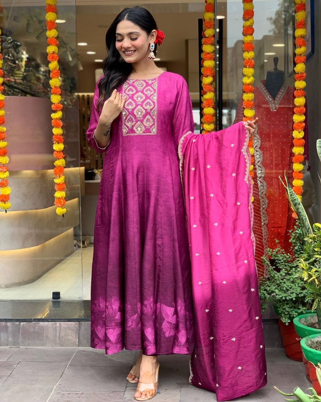 Regal Grace: Anarkali Flared Silk Kurta Pant Dupatta Set