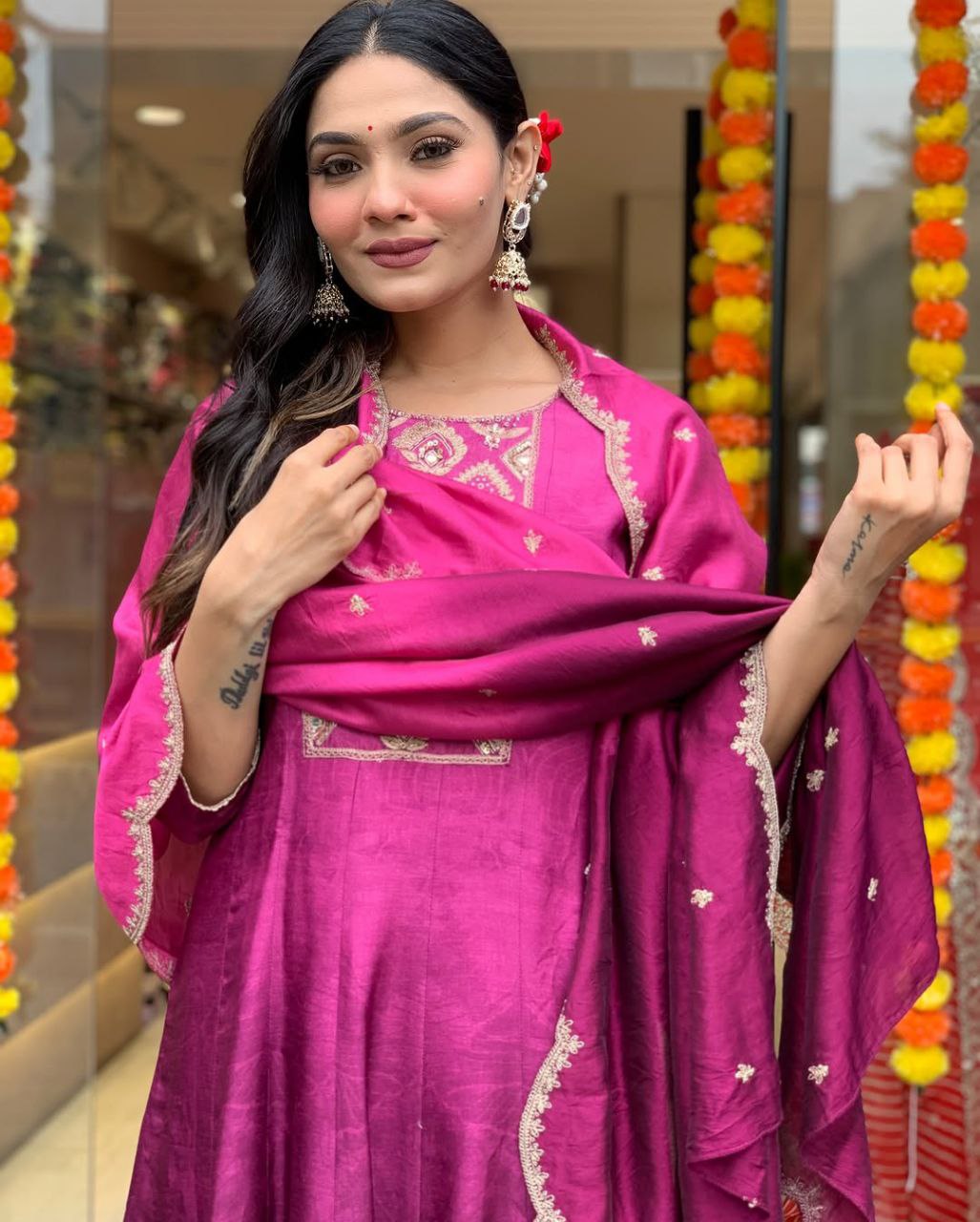 Regal Grace: Anarkali Flared Silk Kurta Pant Dupatta Set