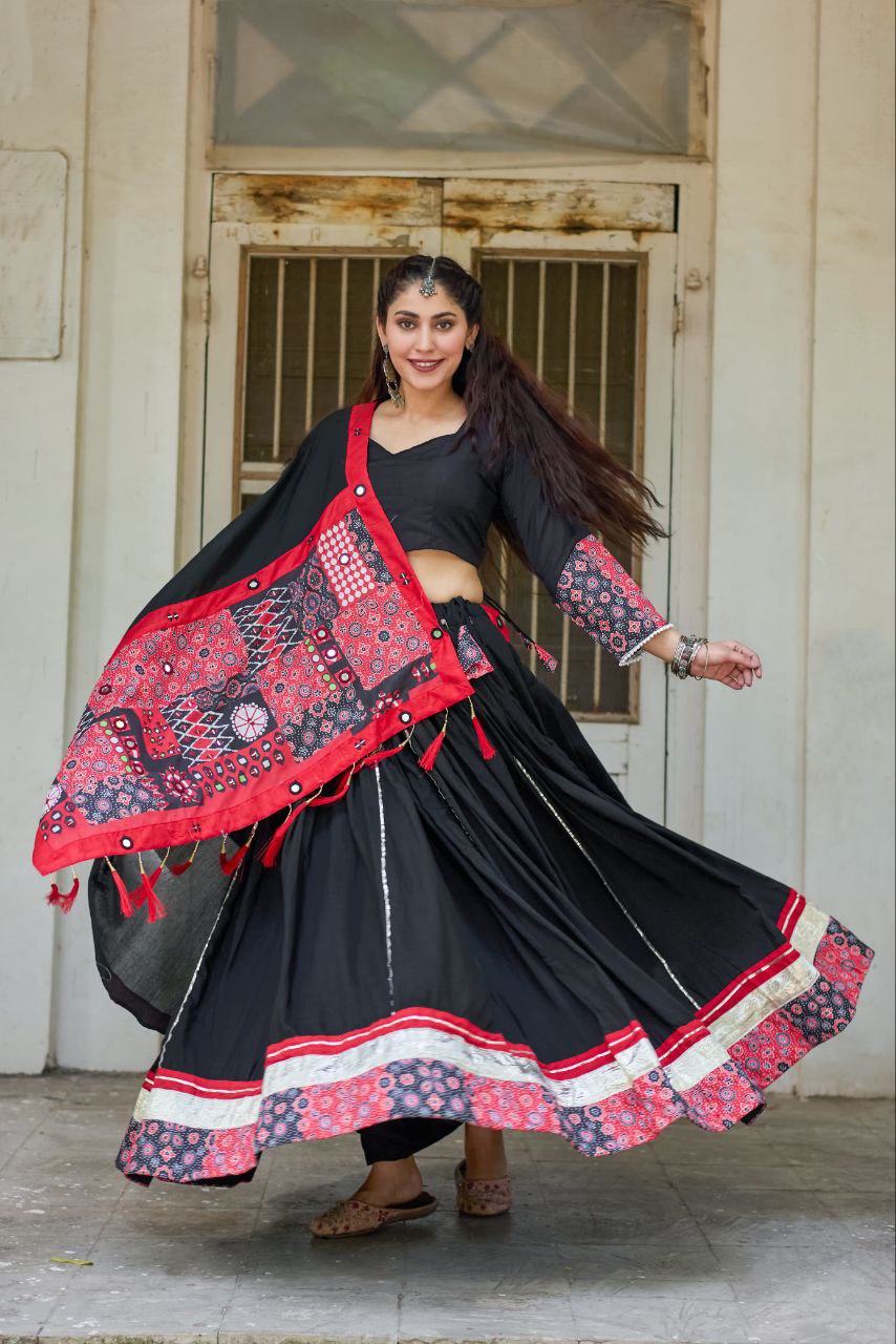 White Cotton Navratri Chaniya Choli with Mirror & Gota Patti Work