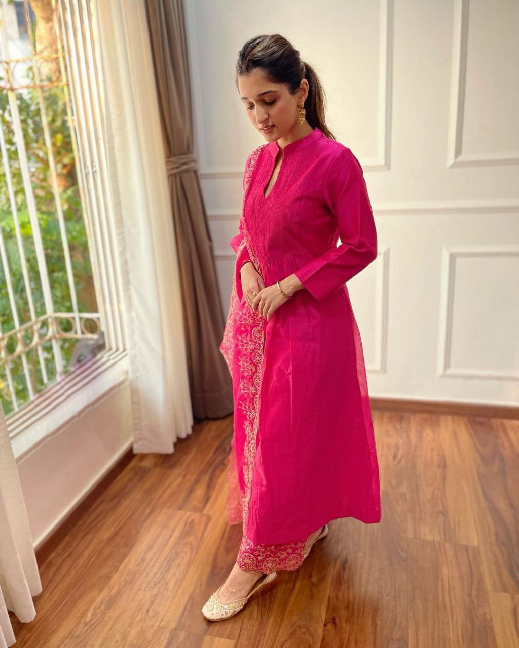 Pure Cotton Kurta-Pant Set with Embroidered Organza Dupatta