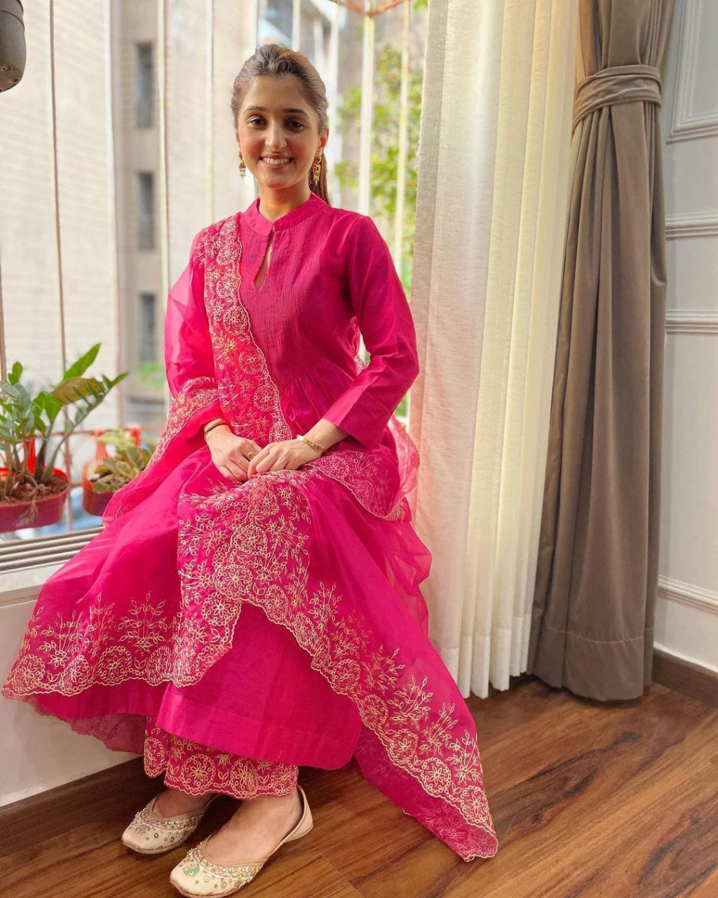 Pure Cotton Kurta-Pant Set with Embroidered Organza Dupatta