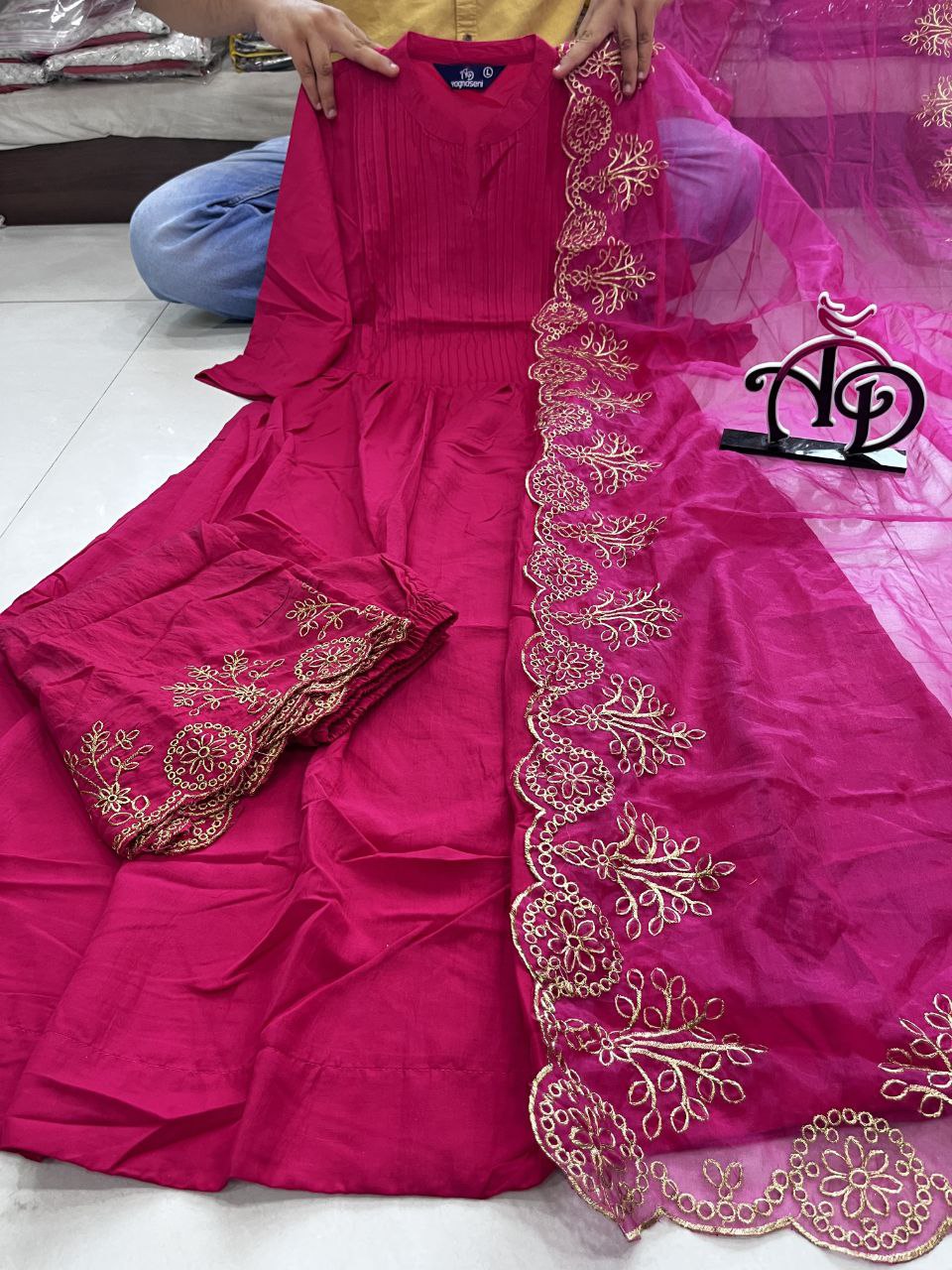 Pure Cotton Kurta-Pant Set with Embroidered Organza Dupatta