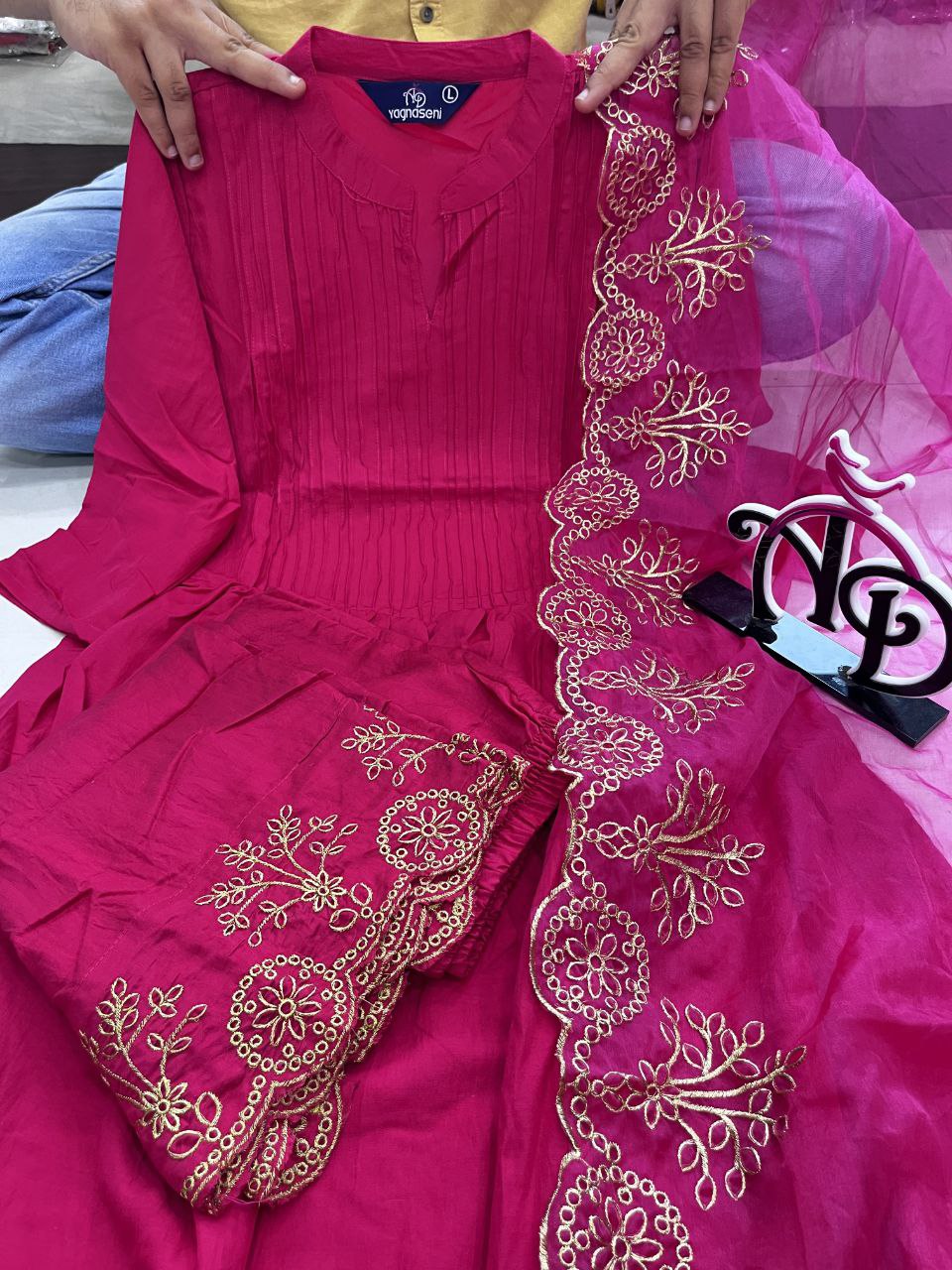 Pure Cotton Kurta-Pant Set with Embroidered Organza Dupatta