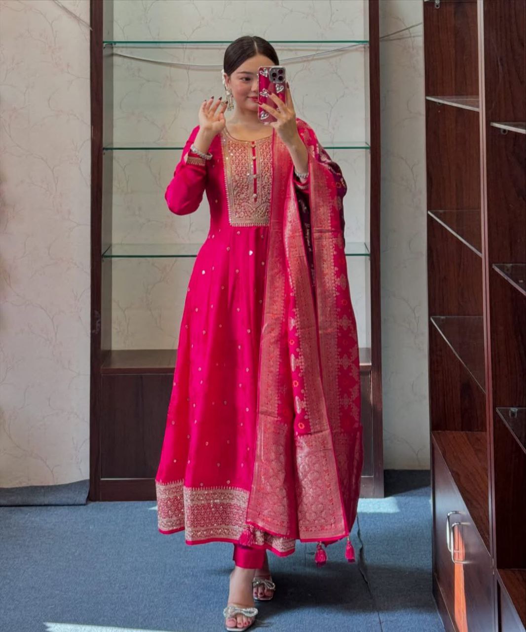 Timeless Grace: Anarkali Flared Silk Kurta Pant Dupatta Set