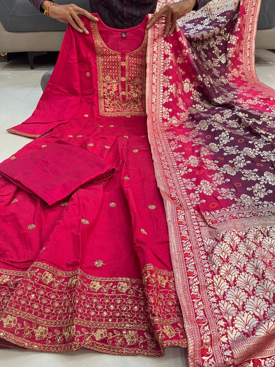 Timeless Grace: Anarkali Flared Silk Kurta Pant Dupatta Set