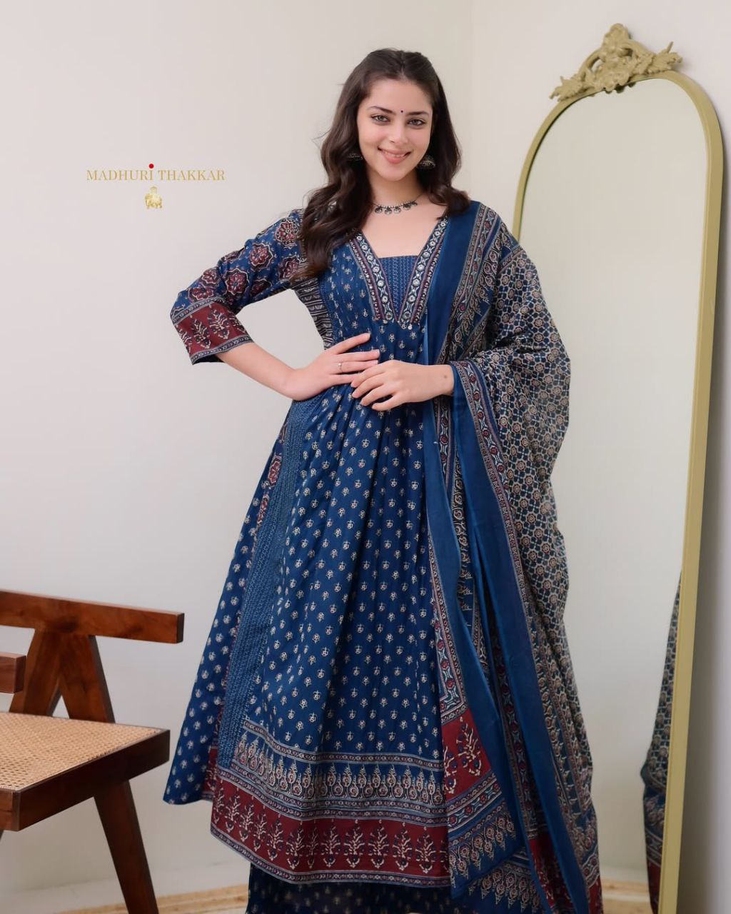 Elegant Blue: MAL Cotton Kurta Plazo with Handwork Neck & Dupatta Set