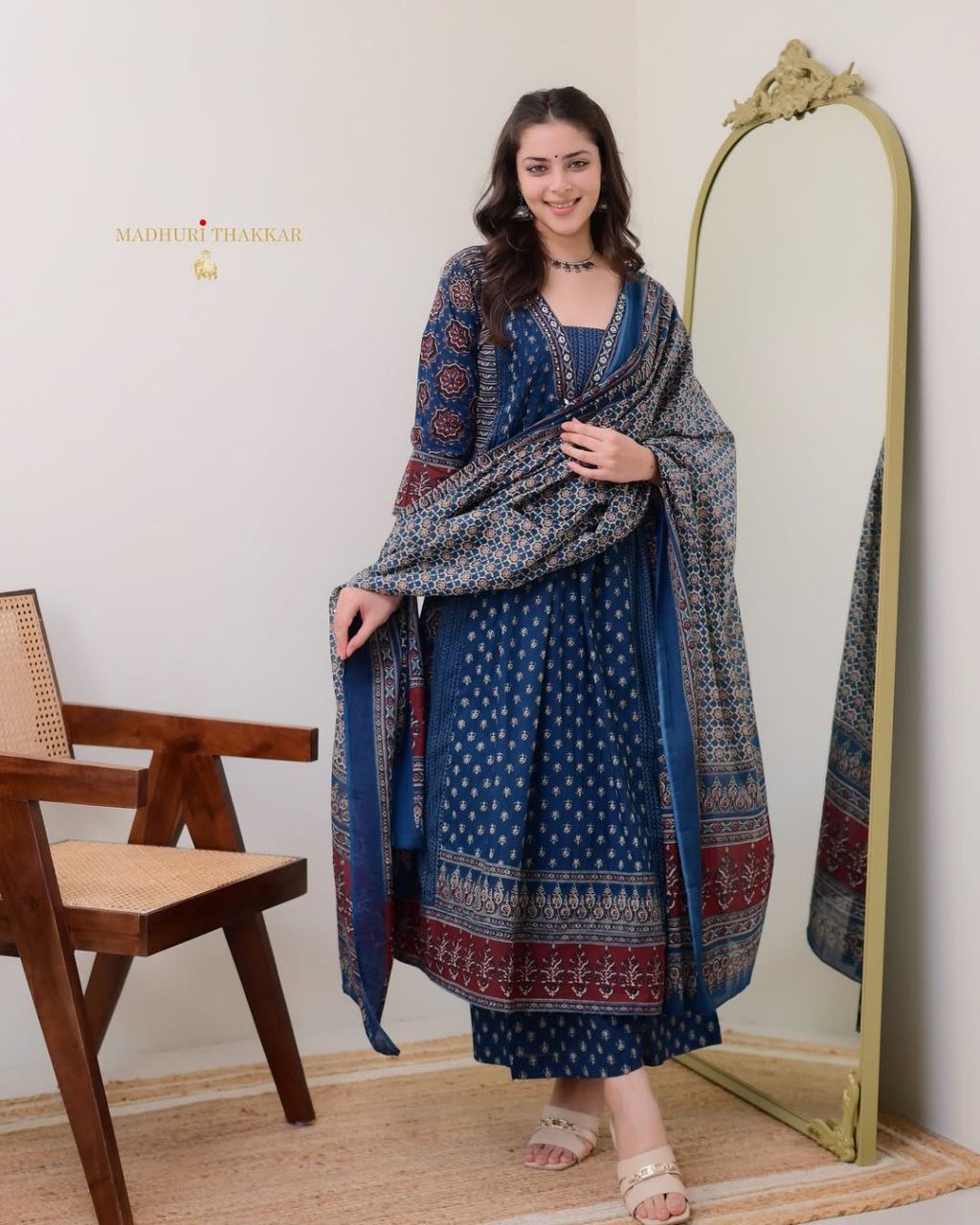 Elegant Blue: MAL Cotton Kurta Plazo with Handwork Neck & Dupatta Set