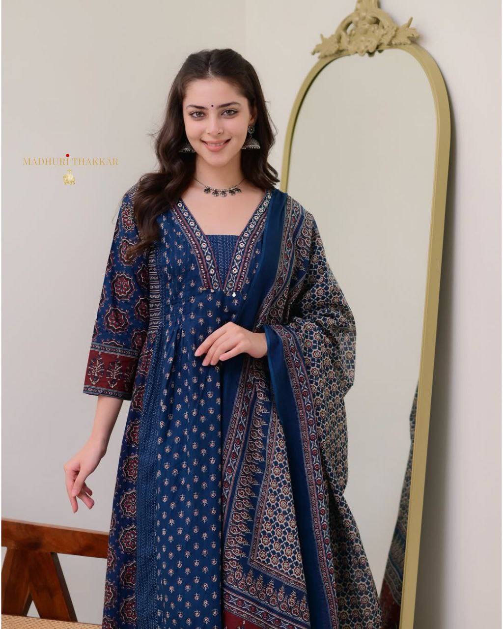Elegant Blue: MAL Cotton Kurta Plazo with Handwork Neck & Dupatta Set