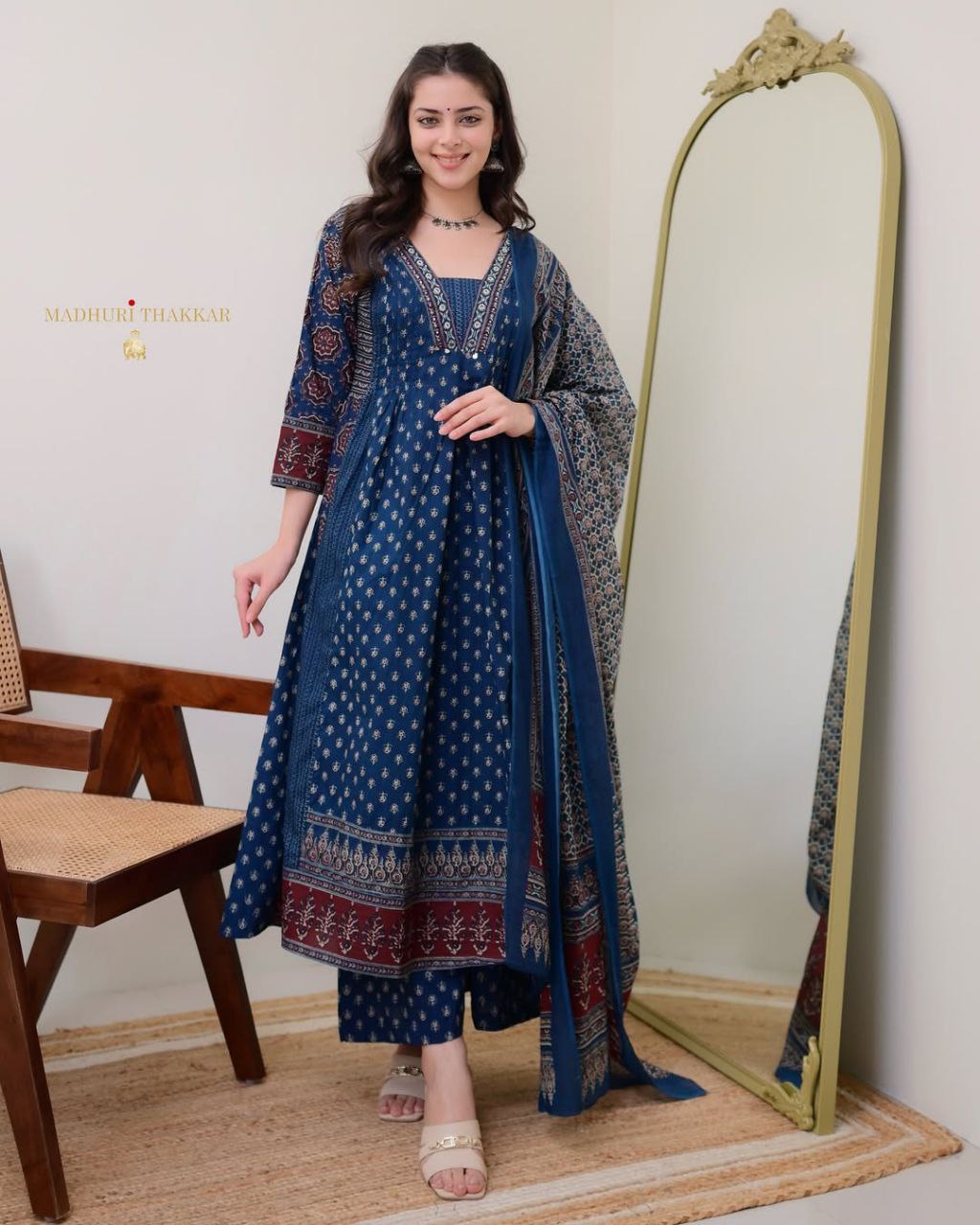 Elegant Blue: MAL Cotton Kurta Plazo with Handwork Neck & Dupatta Set