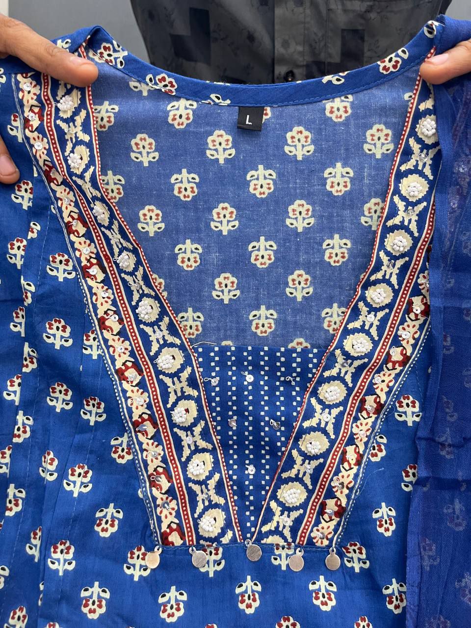 Elegant Blue: MAL Cotton Kurta Plazo with Handwork Neck & Dupatta Set