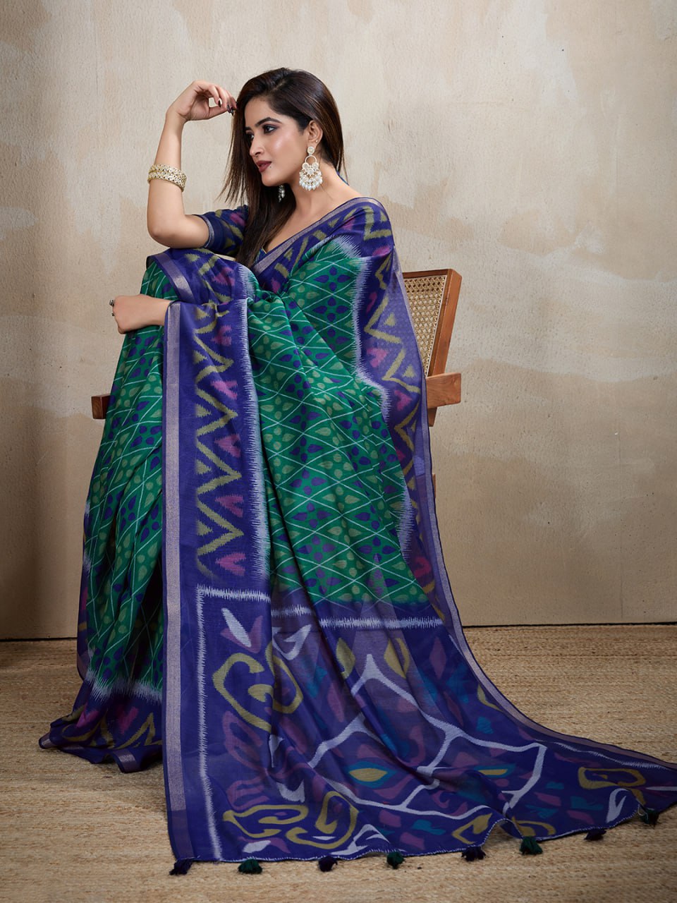 Festive Wear Blue & Green Ikat Printed Chanderi Saree for Weddings