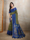 Olive Green & Blue Ikat Printed Chanderi Saree with Contrast Border