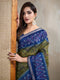 Olive Green & Blue Ikat Printed Chanderi Saree with Contrast Border
