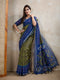 Olive Green & Blue Ikat Printed Chanderi Saree with Contrast Border