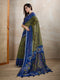 Olive Green & Blue Ikat Printed Chanderi Saree with Contrast Border