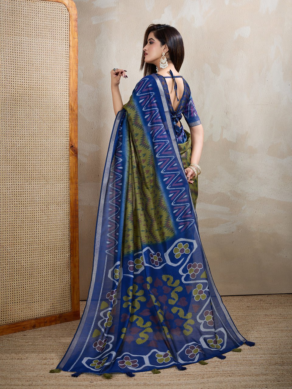 Olive Green & Blue Ikat Printed Chanderi Saree with Contrast Border