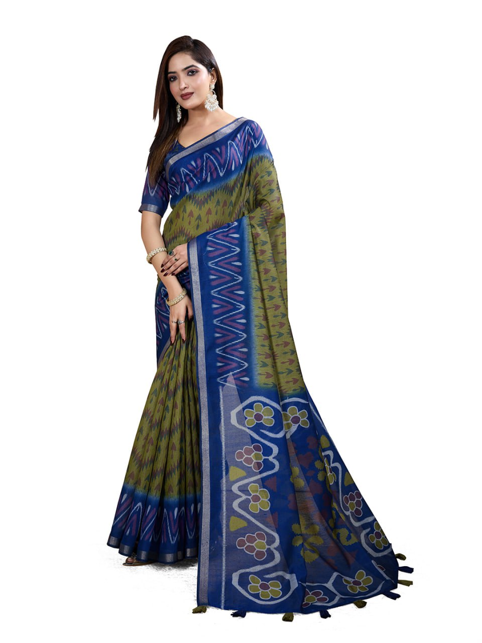 Olive Green & Blue Ikat Printed Chanderi Saree with Contrast Border