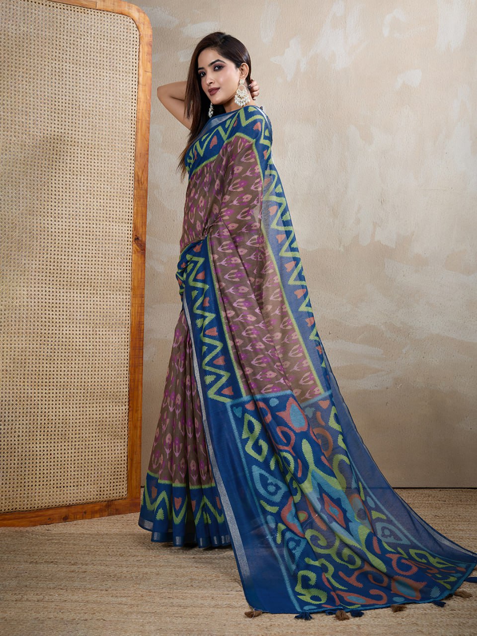 Traditional Brown Chanderi Saree with Blue Border & Ikat Print Design