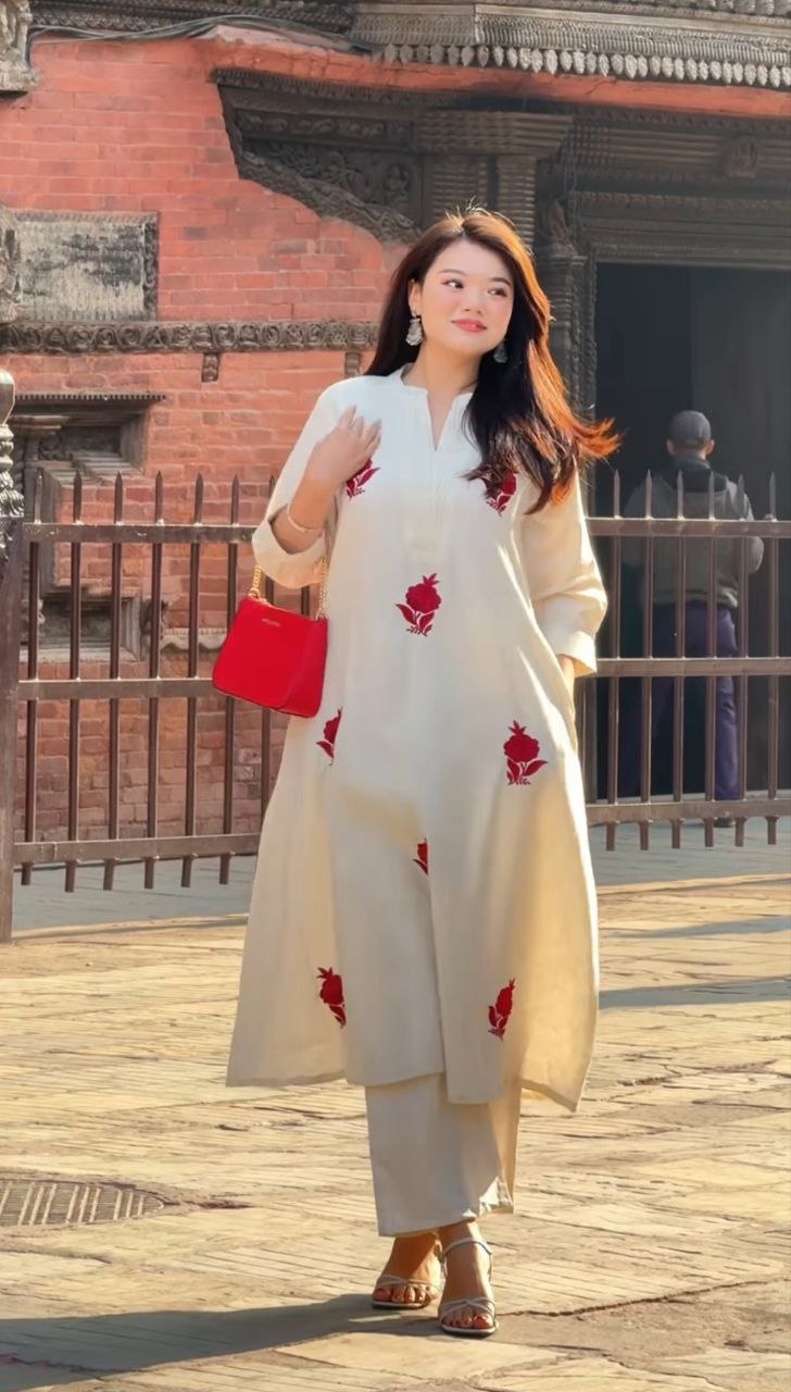 Charming Gulab: Embroidered Chanderi Top & Pant Suit Set