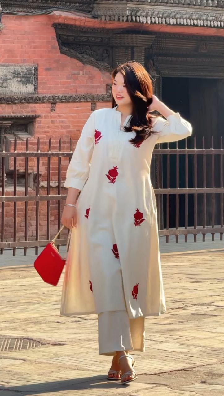 Charming Gulab: Embroidered Chanderi Top & Pant Suit Set