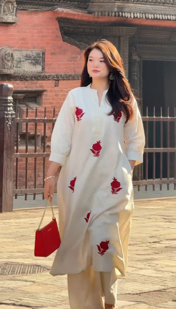 Charming Gulab: Embroidered Chanderi Top & Pant Suit Set