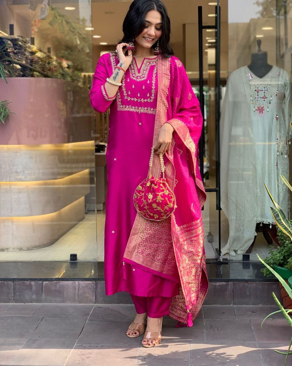 Heavy Suit Set with Intricate Embroidery & Zari Weaving – Matching Pant & Jacquard Dupatta