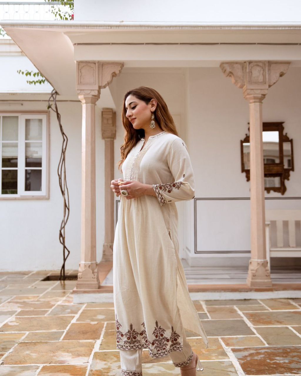 South Cotton Elegance: Top & Pant Suit Set with Attached Sleeves