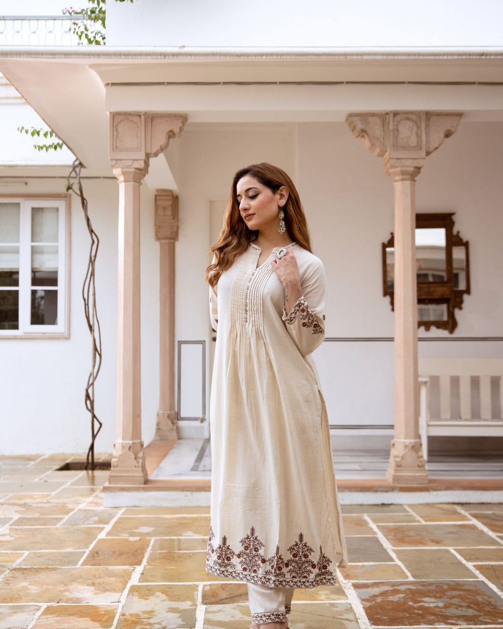 South Cotton Elegance: Top & Pant Suit Set with Attached Sleeves
