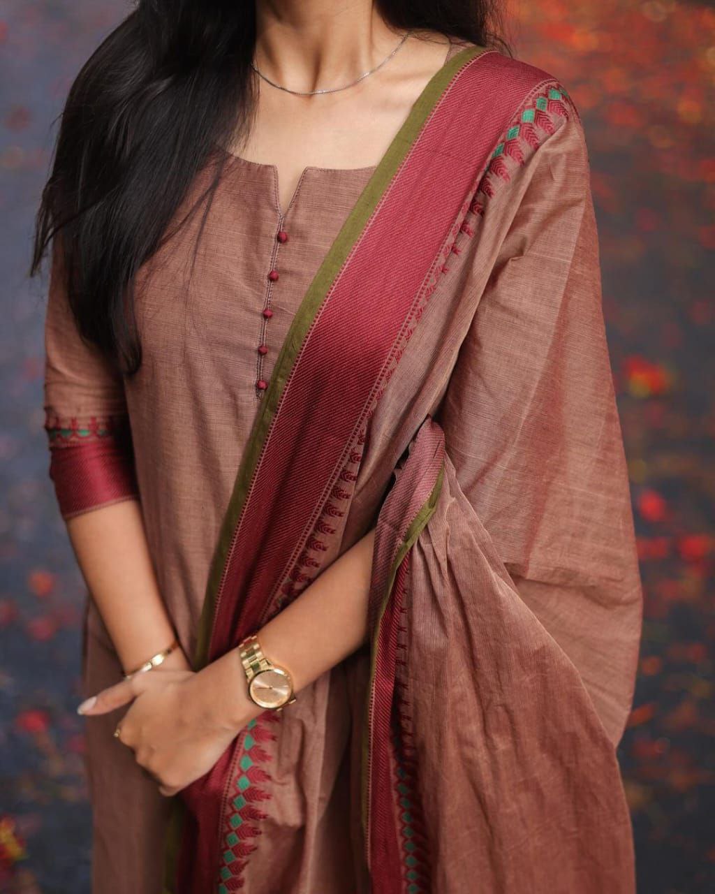 Heritage Elegance: Kanchi Cotton Suit Set with Handcrafted Zari & South Indian Prints