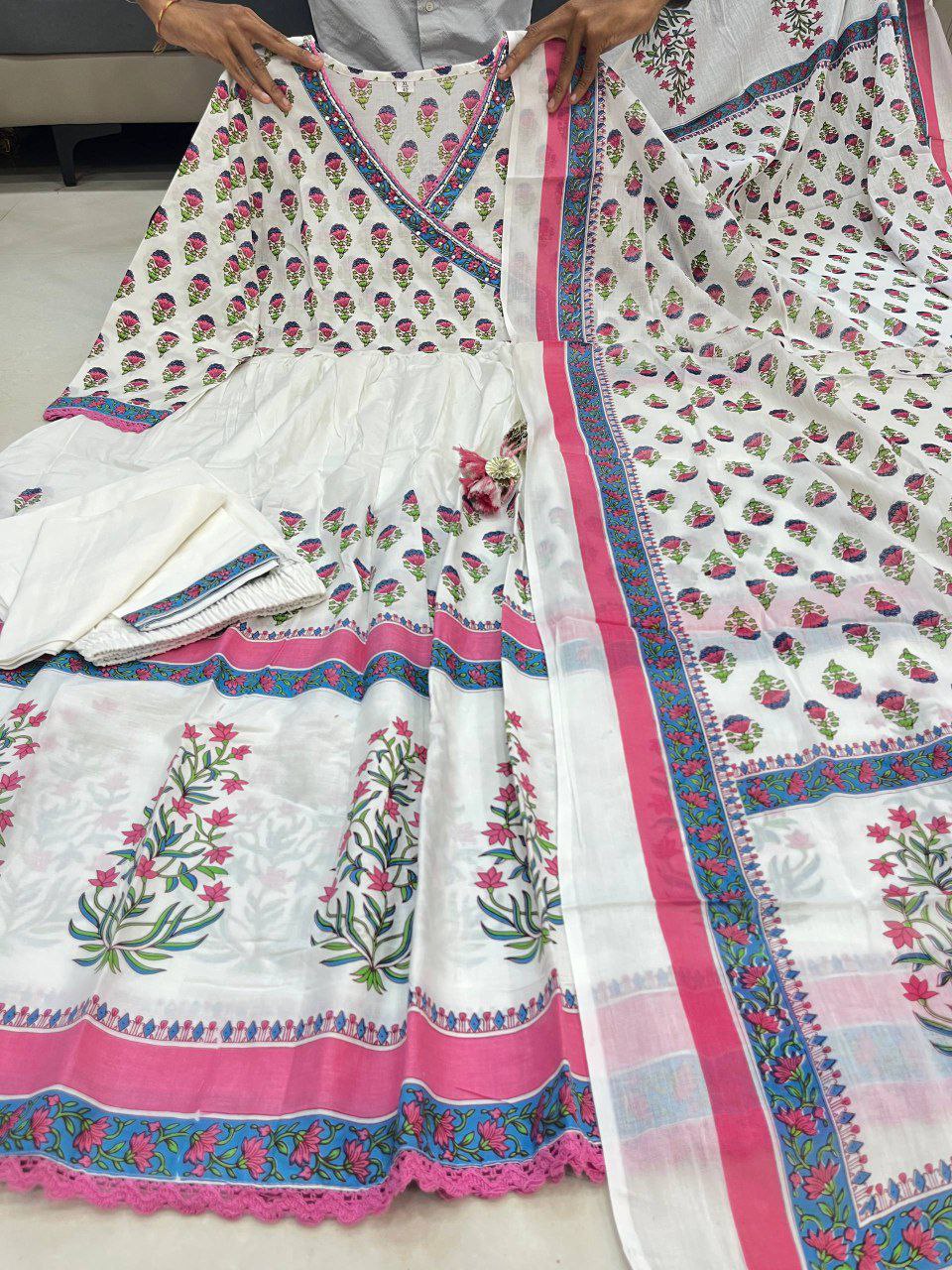 Elegant Pink: MAL Cotton Handwork Kurta Pant Dupatta Set