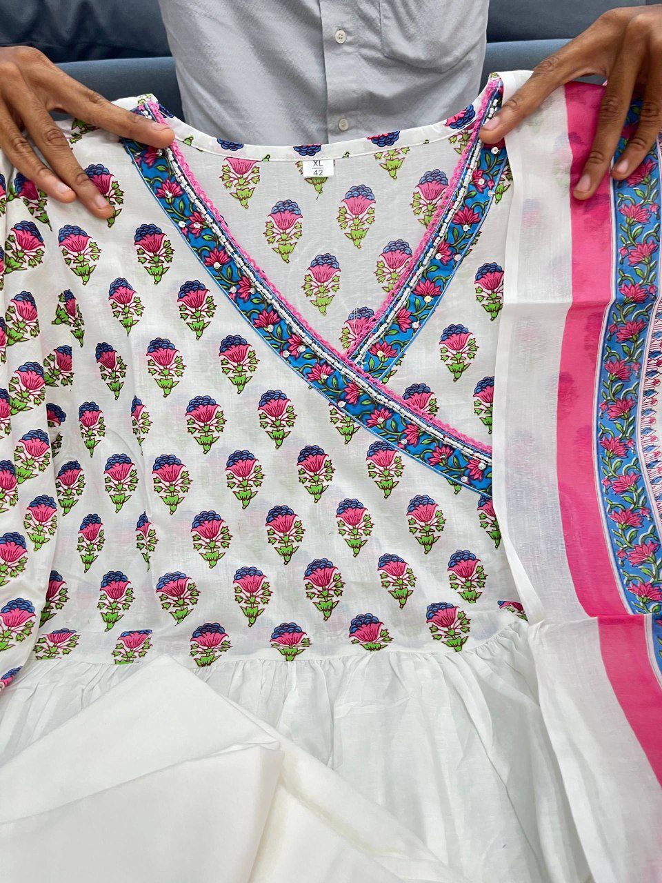 Elegant Pink: MAL Cotton Handwork Kurta Pant Dupatta Set