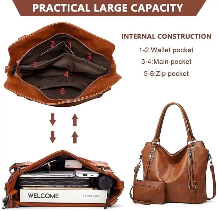 Tote Bag for Woman with Messenger Bag and Wallet in PU Leather with Strap